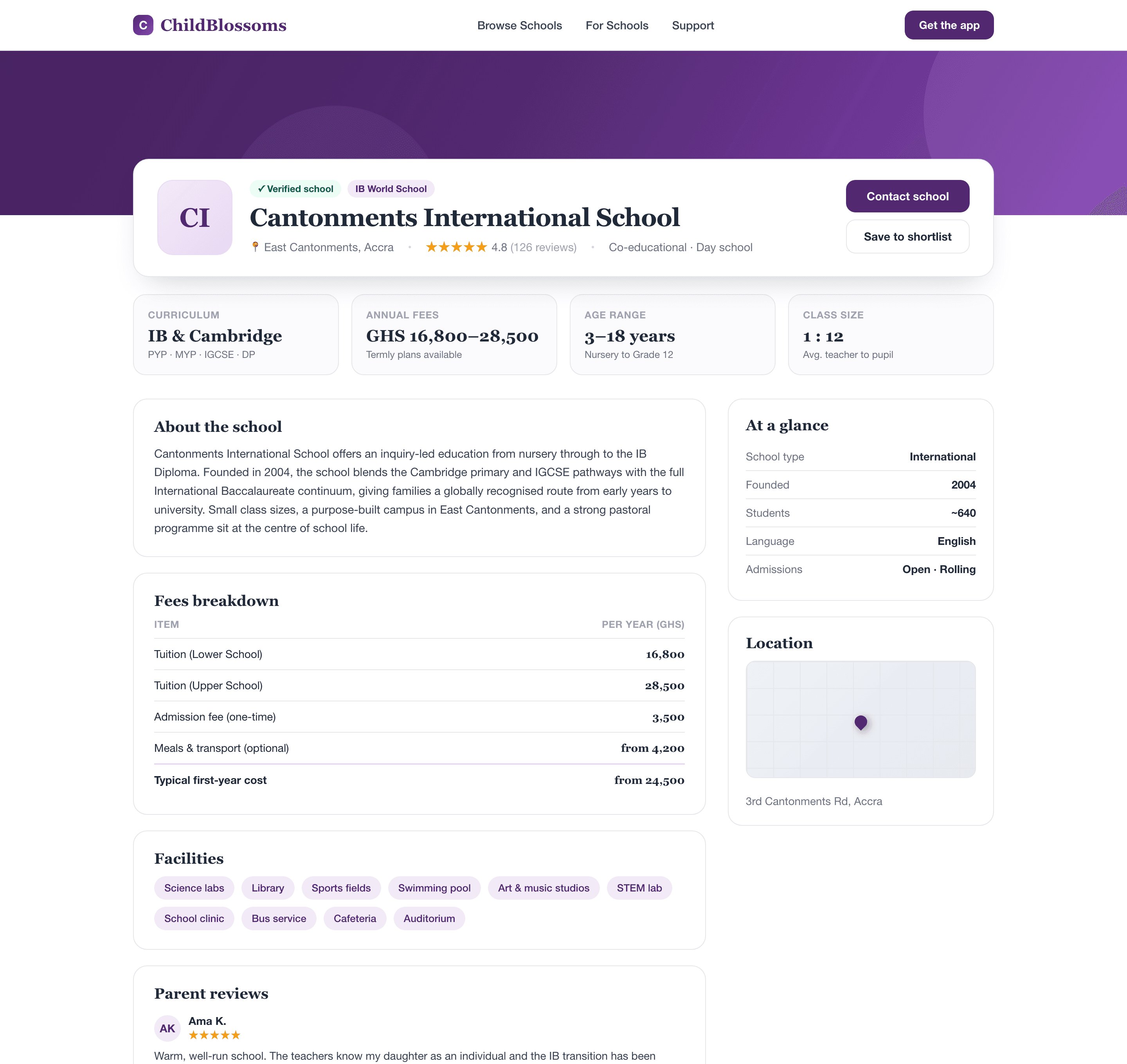 A ChildBlossoms school profile page as parents see it on desktop