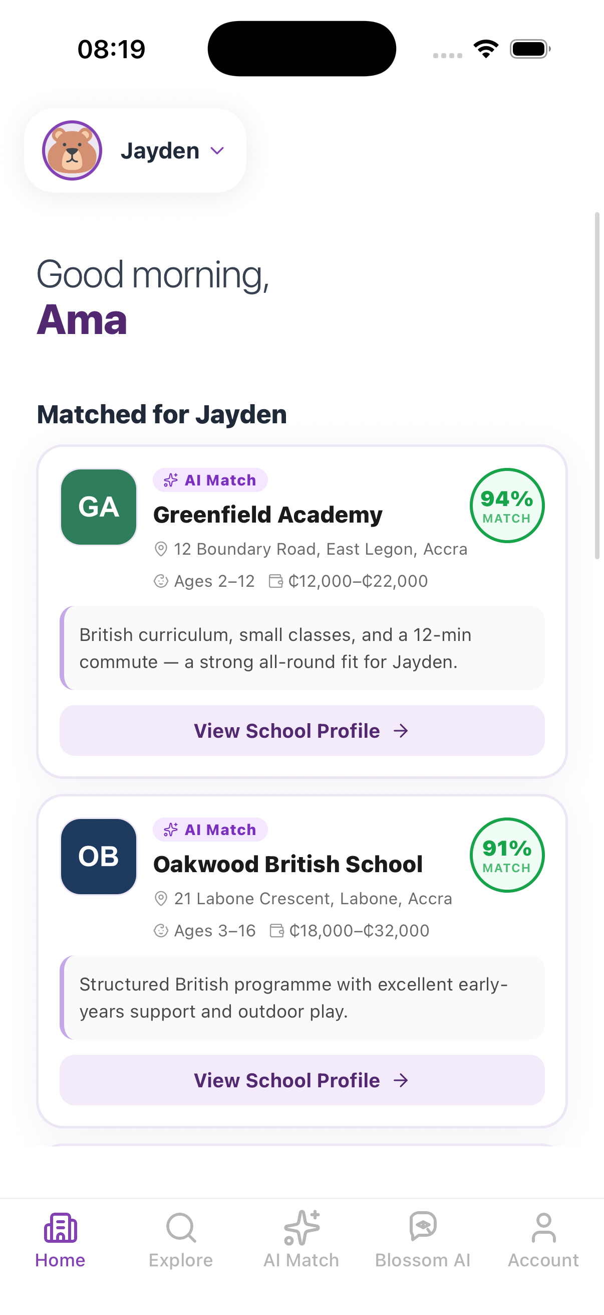 ChildBlossoms dashboard showing school matches