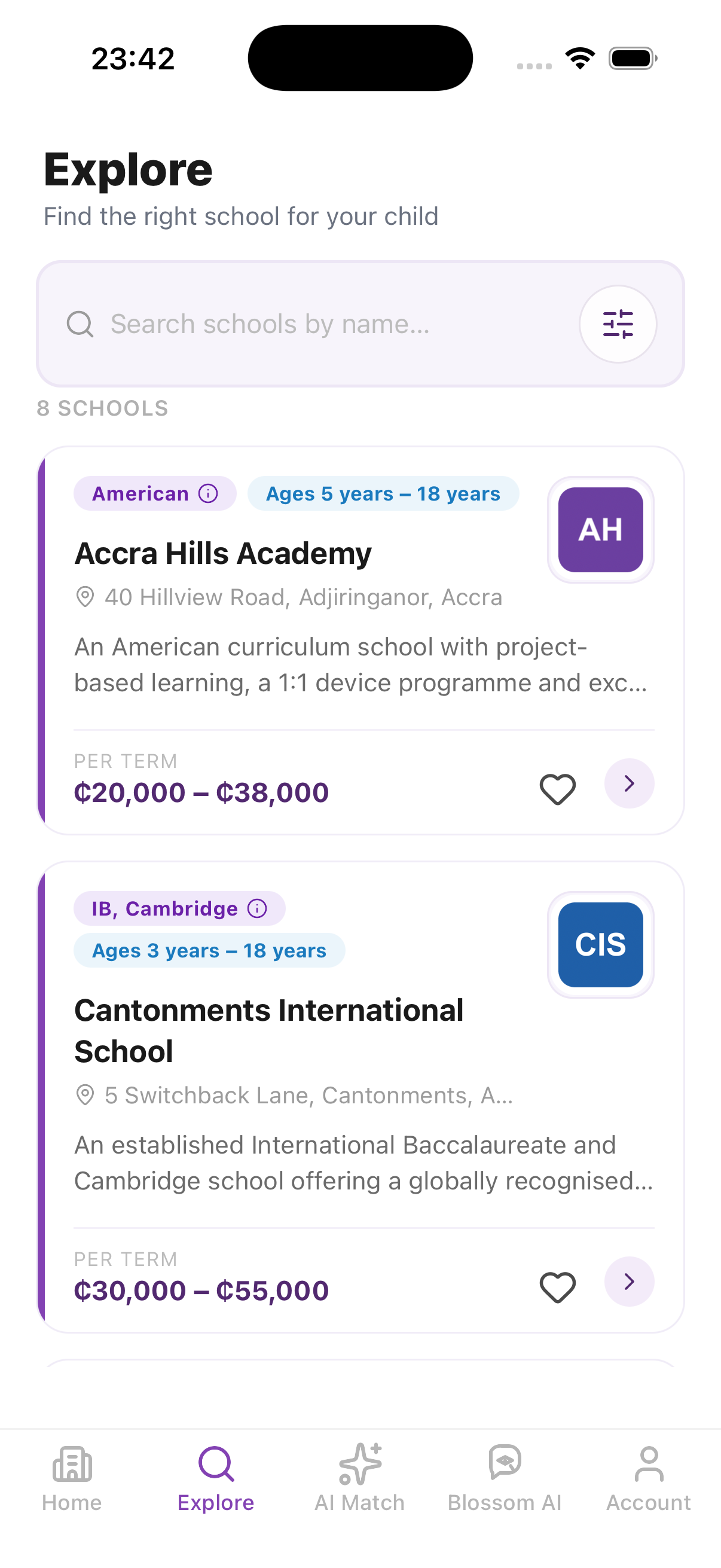 ChildBlossoms explore schools interface with search and school cards