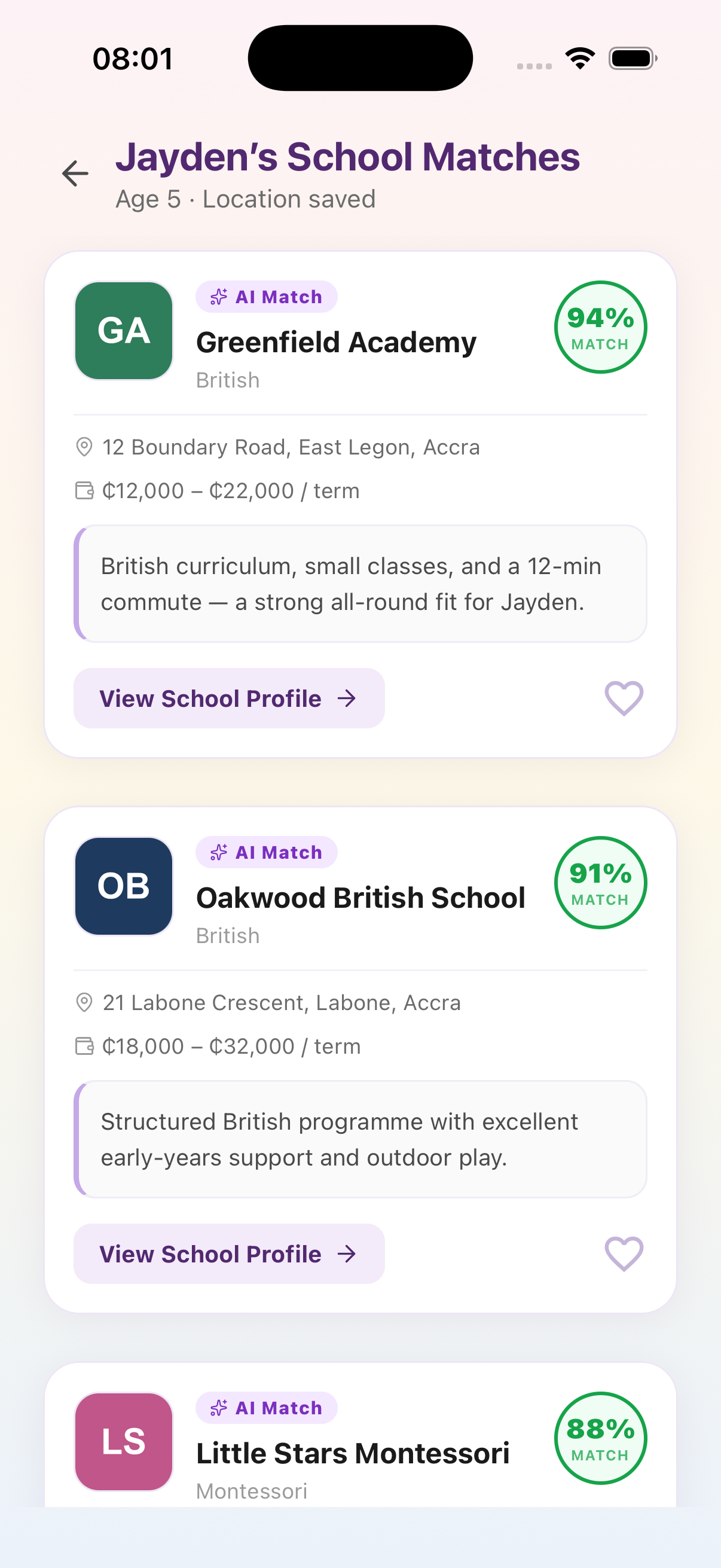 ChildBlossoms app showing school match recommendations